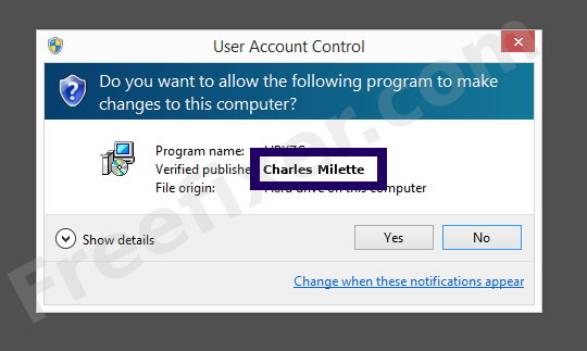 Screenshot where Charles Milette appears as the verified publisher in the UAC dialog